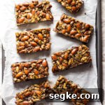 Nut and seed granola bars dipped in chocolate on parchment.