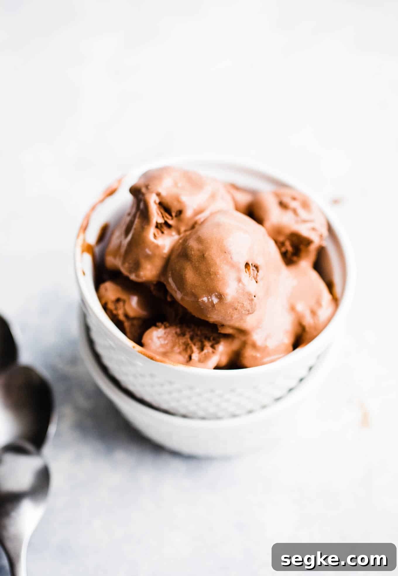 Scoops of chocolate ice cream in a white bowl.