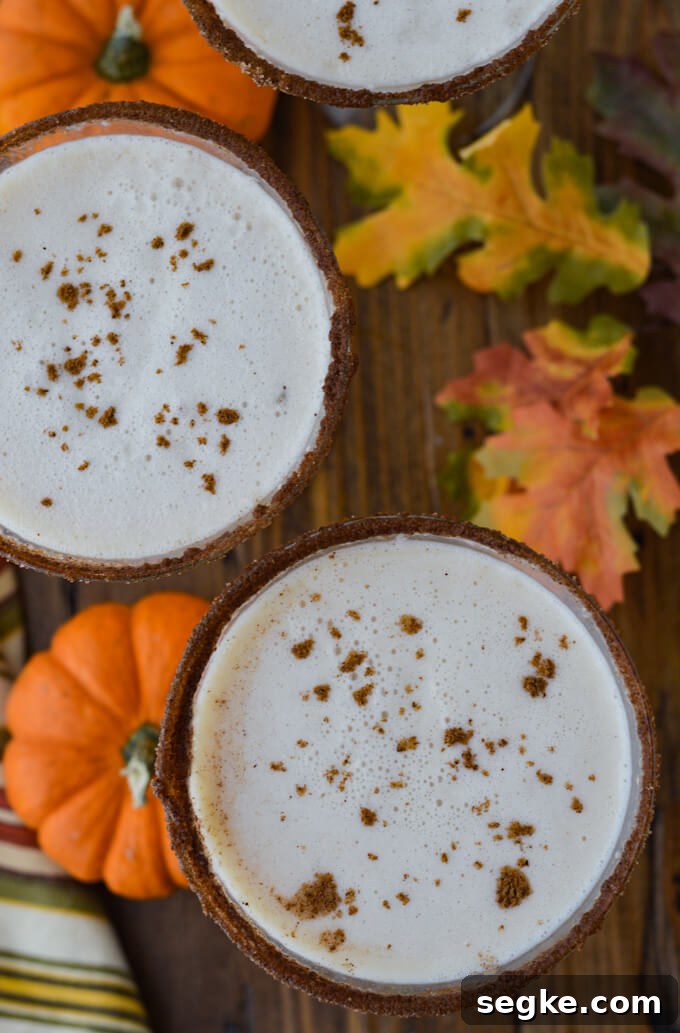 Three pumpkin spice martinis viewed from above sprinkled with nutmeg. Small pumpkins and fall leaves on the table.