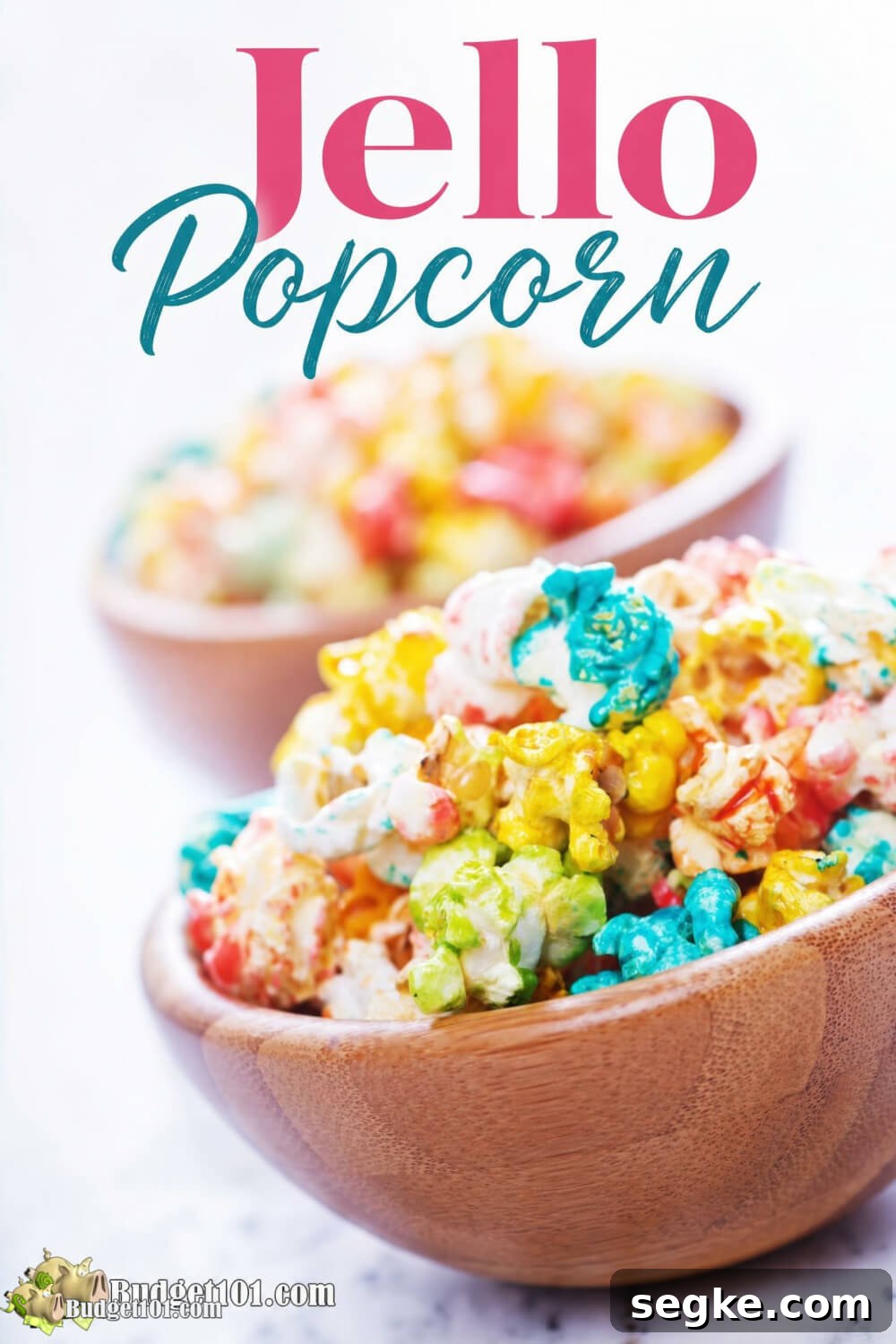 Colorful candied Jello Popcorn with crisp-coated kernels and text reading “Jello Popcorn”