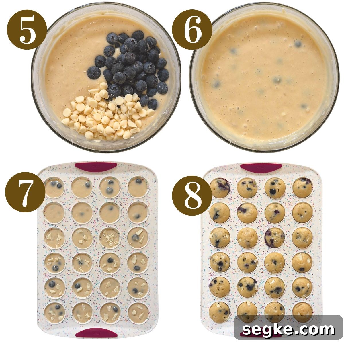 Steps to make white chocolate blueberry muffins.