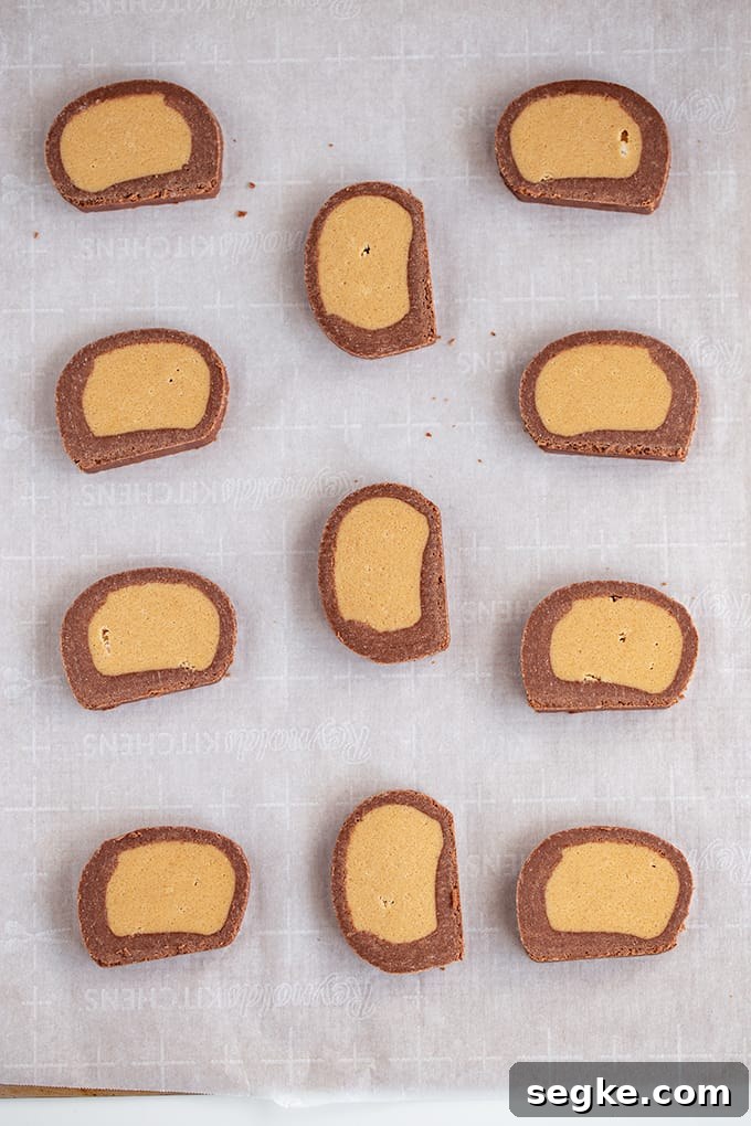 Overhead photo of slices of cookies on a parchment lined cookie sheet