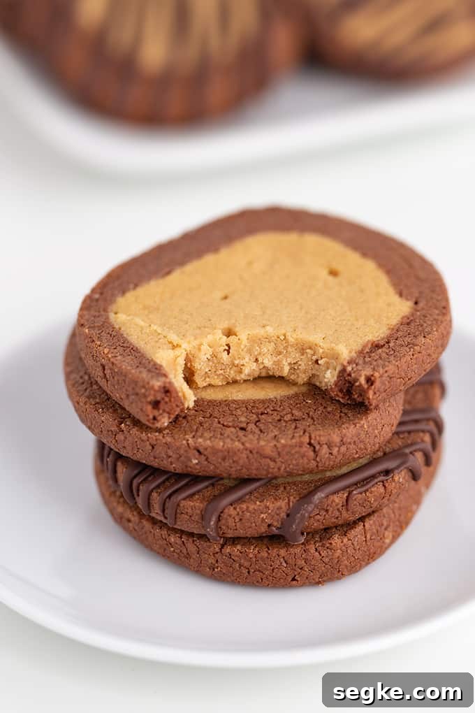 Stack of cookies on a white plate with a bite taken out of the top cookie