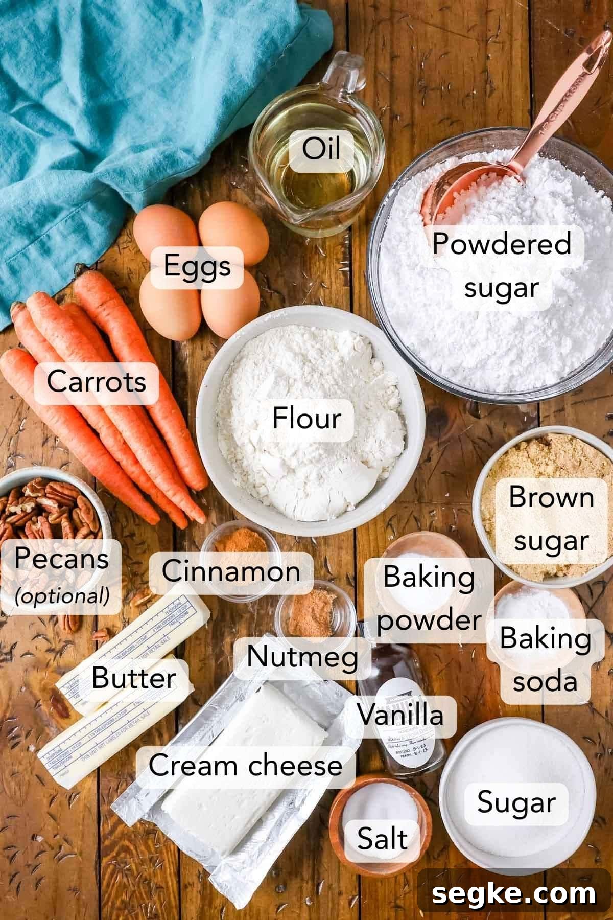 Moist Spiced Carrot Cake with Cream Cheese Frosting 2 Overhead view of the ingredients (labeled) needed for my carrot cake recipe.