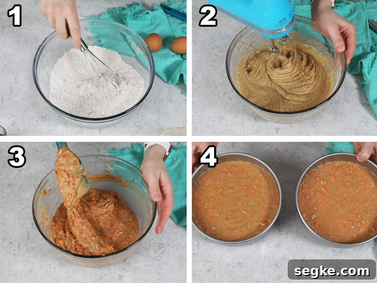 Moist Spiced Carrot Cake with Cream Cheese Frosting 3 collage of four photos showing how to make carrot cake