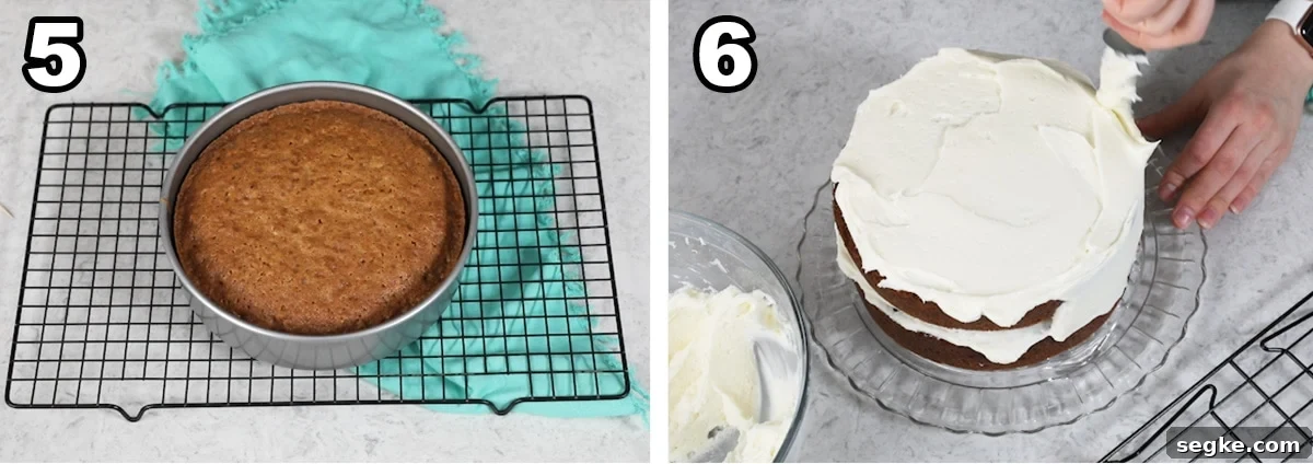 Moist Spiced Carrot Cake with Cream Cheese Frosting 4 collage of two photos showing how to frost a carrot cake after baking