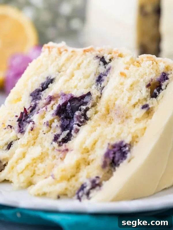close-up view of a thick slice of lemon blueberry cake frosted with lemon frosting