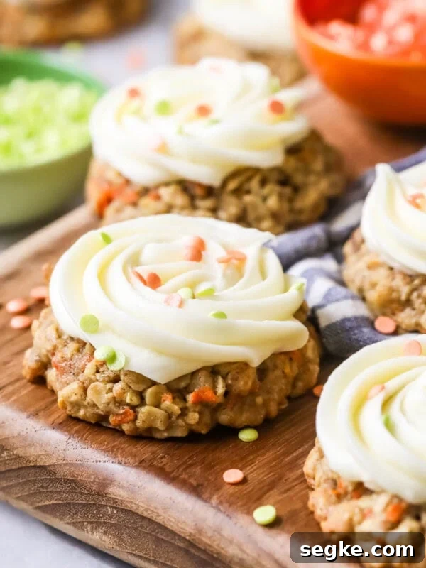 Carrot cake cookies topped with cream cheese frosting and sprinkles on a wood cutting board.