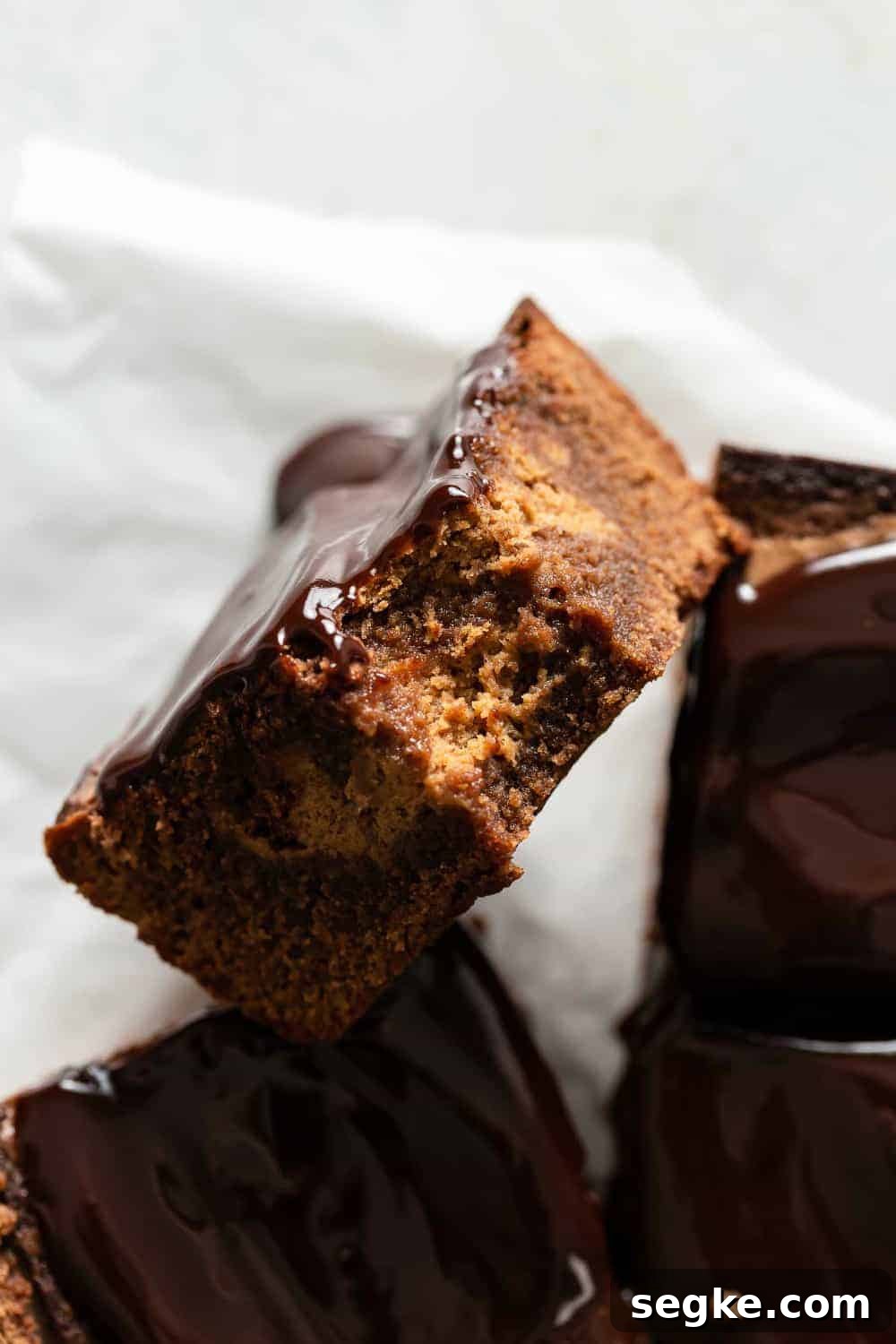 Fudgy Pumpkin Brownies with Cinnamon Chocolate Swirl 9 Close up of Pumpkin Brownie with a bite taken out of it