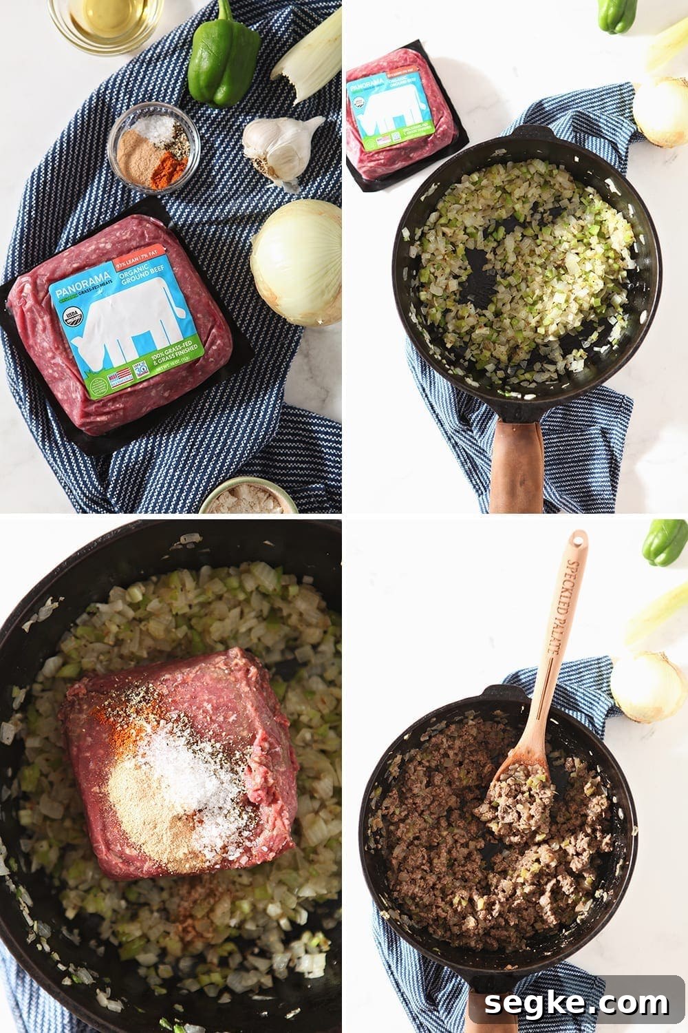 Collage of how to make the meat filling, showing sauteeing veggies and browning the meat