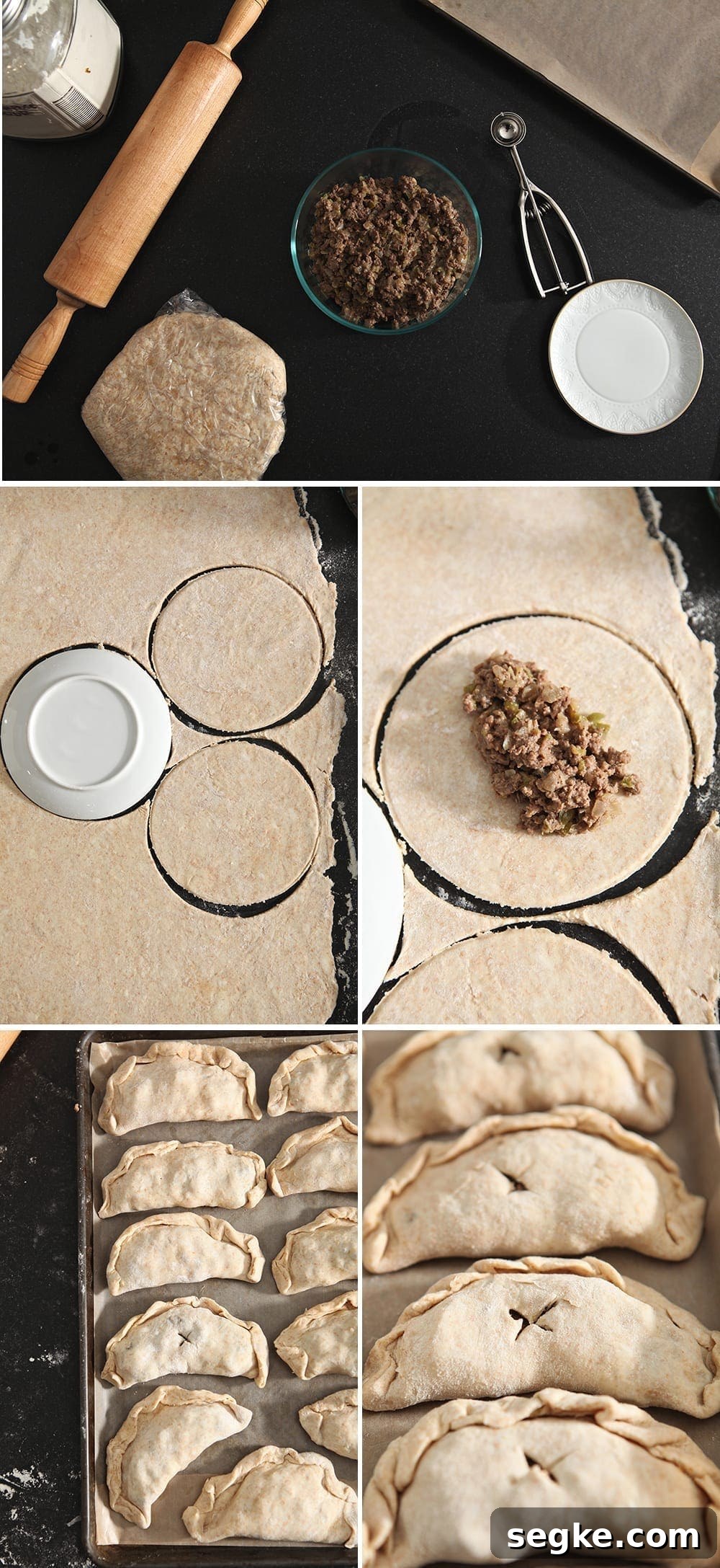 Collage showing how to put together the handheld pies before they go into the freezer