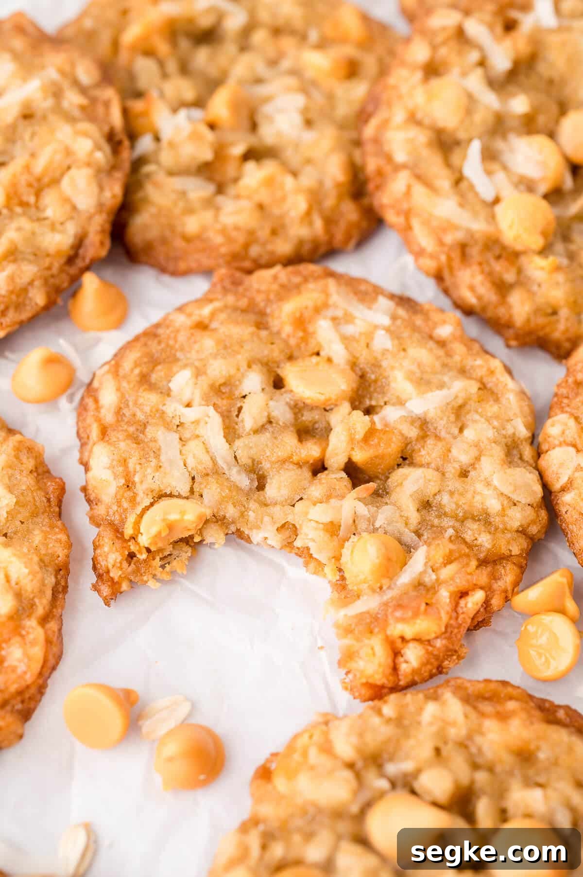 Chewy Coconut Butterscotch Cookie Recipe 9 A coconut butterscotch cookies with a bite out of it.