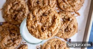 How to Make Chewy Biscoff Chocolate Chip Cookies 10 A single Biscoff chocolate chip cookies with Biscoff spread drizzle resting on a glass of milk.