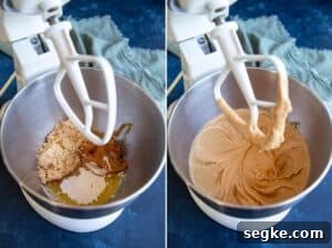 How to Make Chewy Biscoff Chocolate Chip Cookies 5 Mixing together butter, Biscoff spread and sugar for Biscoff chocolate chip cookie dough.