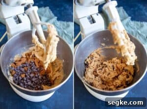 How to Make Chewy Biscoff Chocolate Chip Cookies 8 Add chocolate chips and Biscoff cookie chunks.