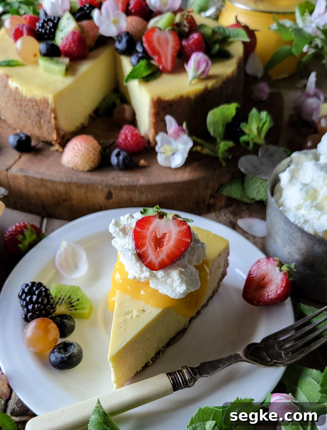 lemon cheesecake topped with fresh berries, mint leaves and apple blossoms, surrounded by more apple blossoms and lemon curd