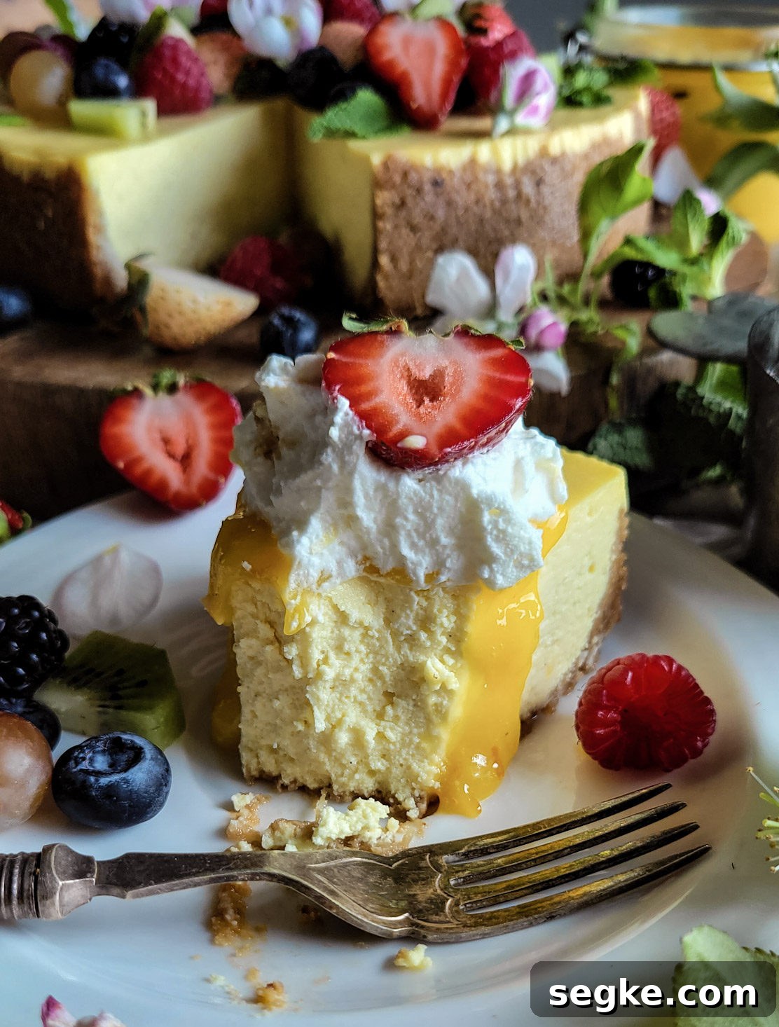 A slice of eaten lemon cheesecake topped with fresh berries, mint leaves and apple blossoms, surrounded by more apple blossoms and lemon curd