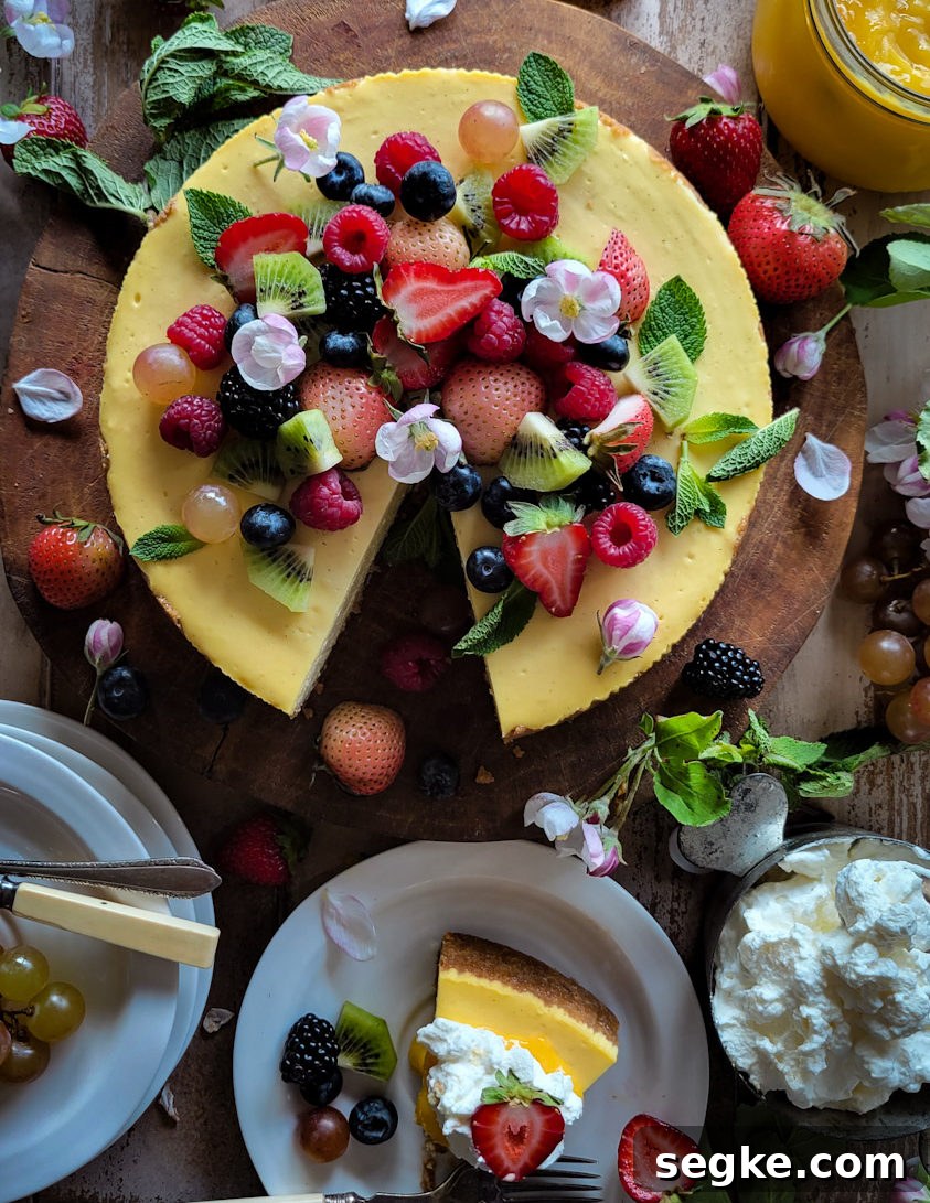 lemon cheesecake topped with fresh berries, mint leaves and apple blossoms, surrounded by more apple blossoms and lemon curd