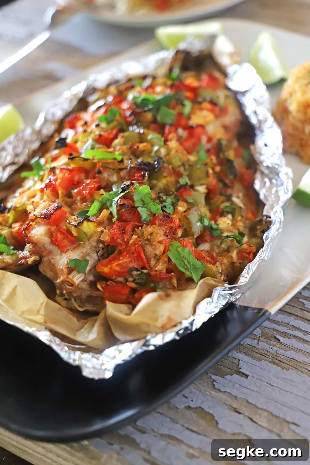 Baked bass on a serving plate with lemon wedges and rice on the side.