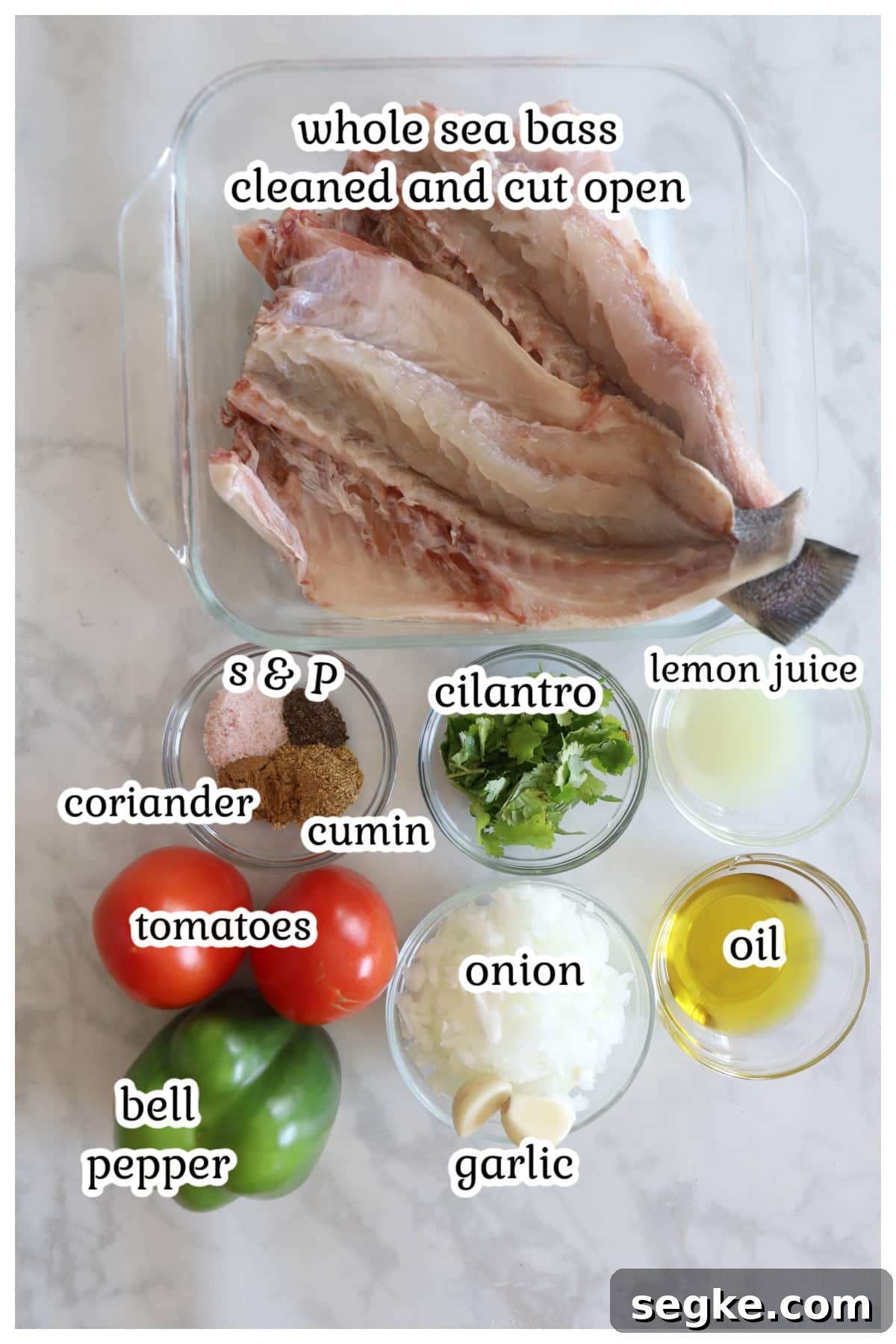 Baked sea bass ingredients with text overlay.