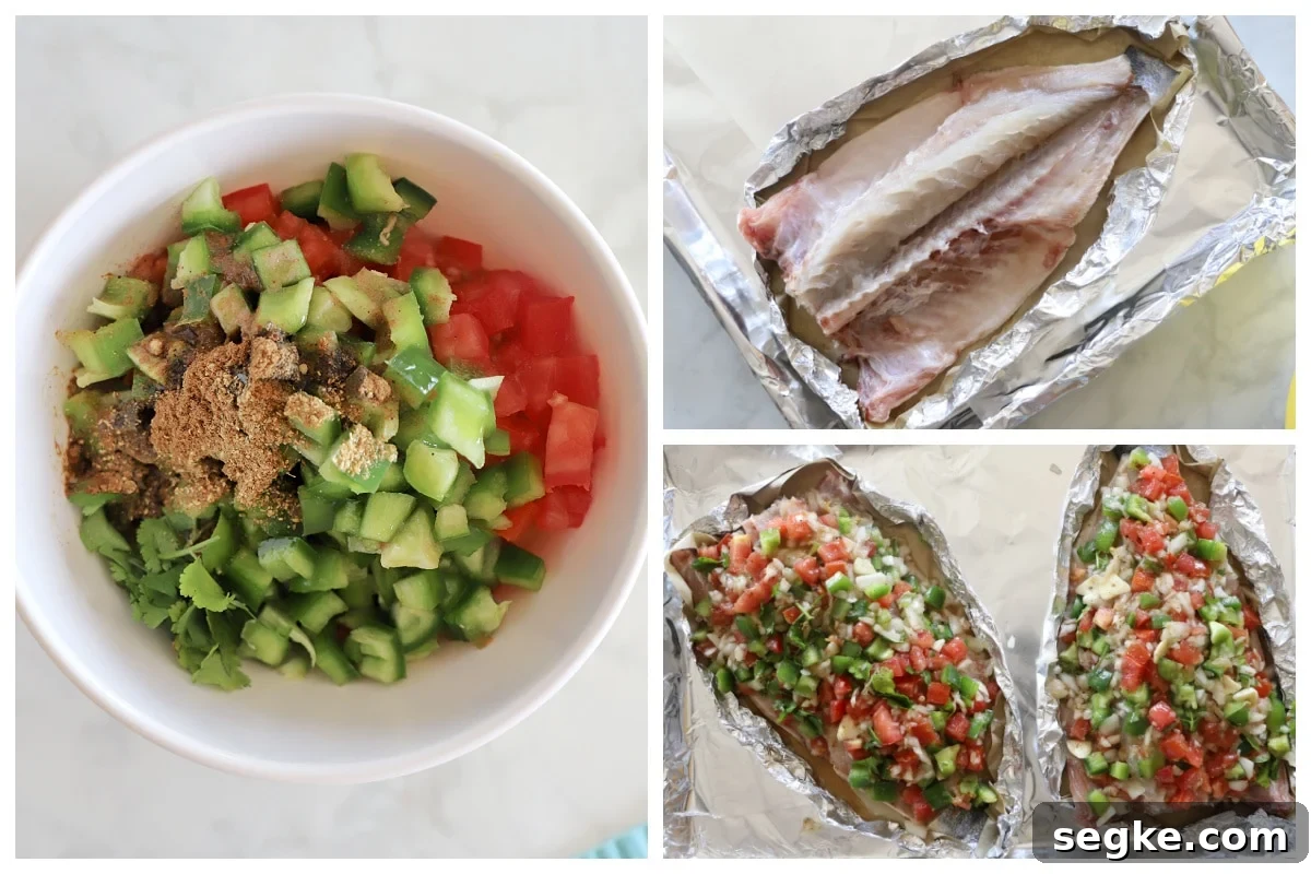 A three image collage showing instructions to make sea bass recipe.
