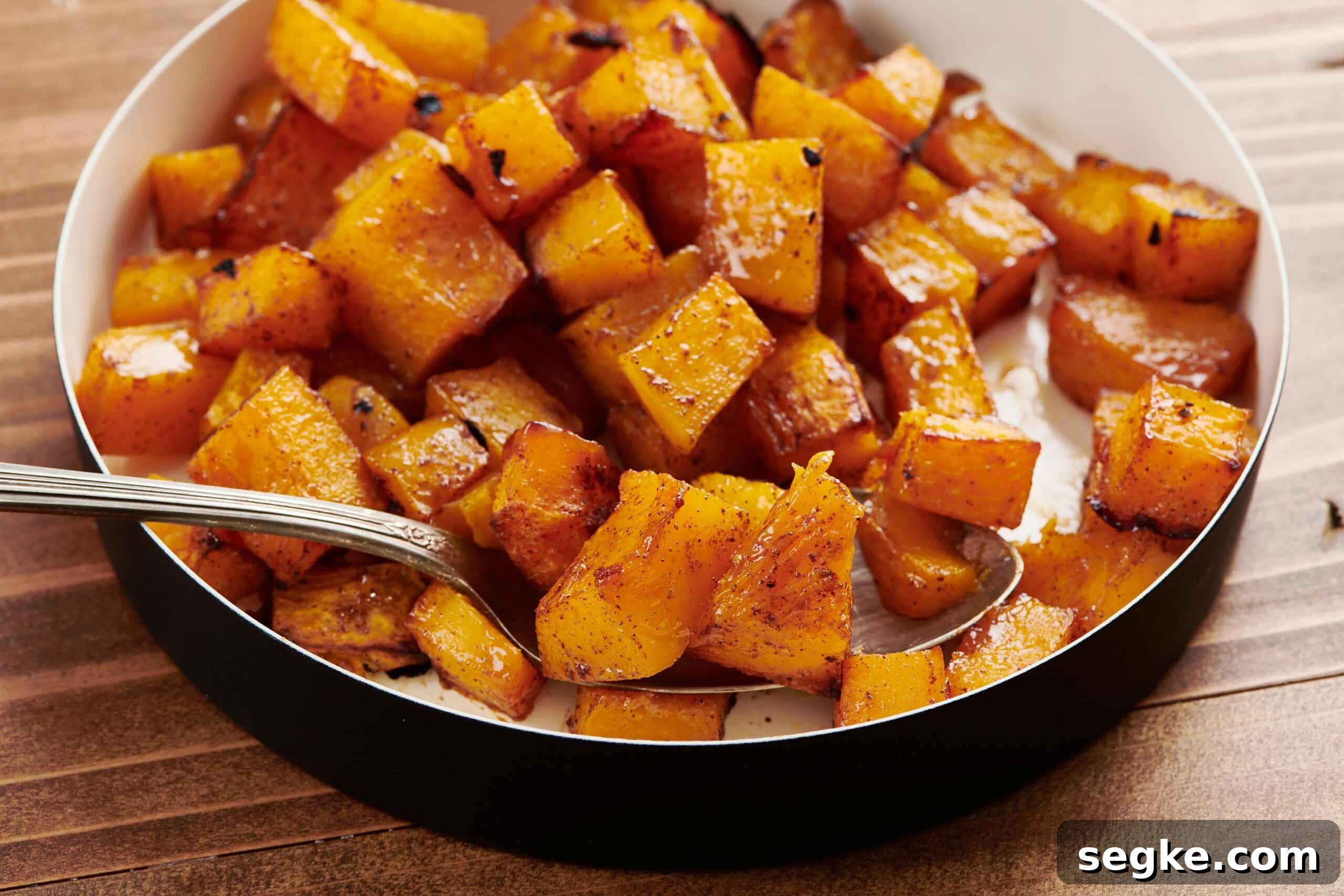 Maple Roasted Butternut Squash in serving dish with spoon.