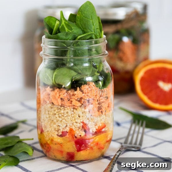27 High-Protein Clean Eating Lunch Ideas for Energy 26 24. Salmon Quinoa Mason Jar Salad