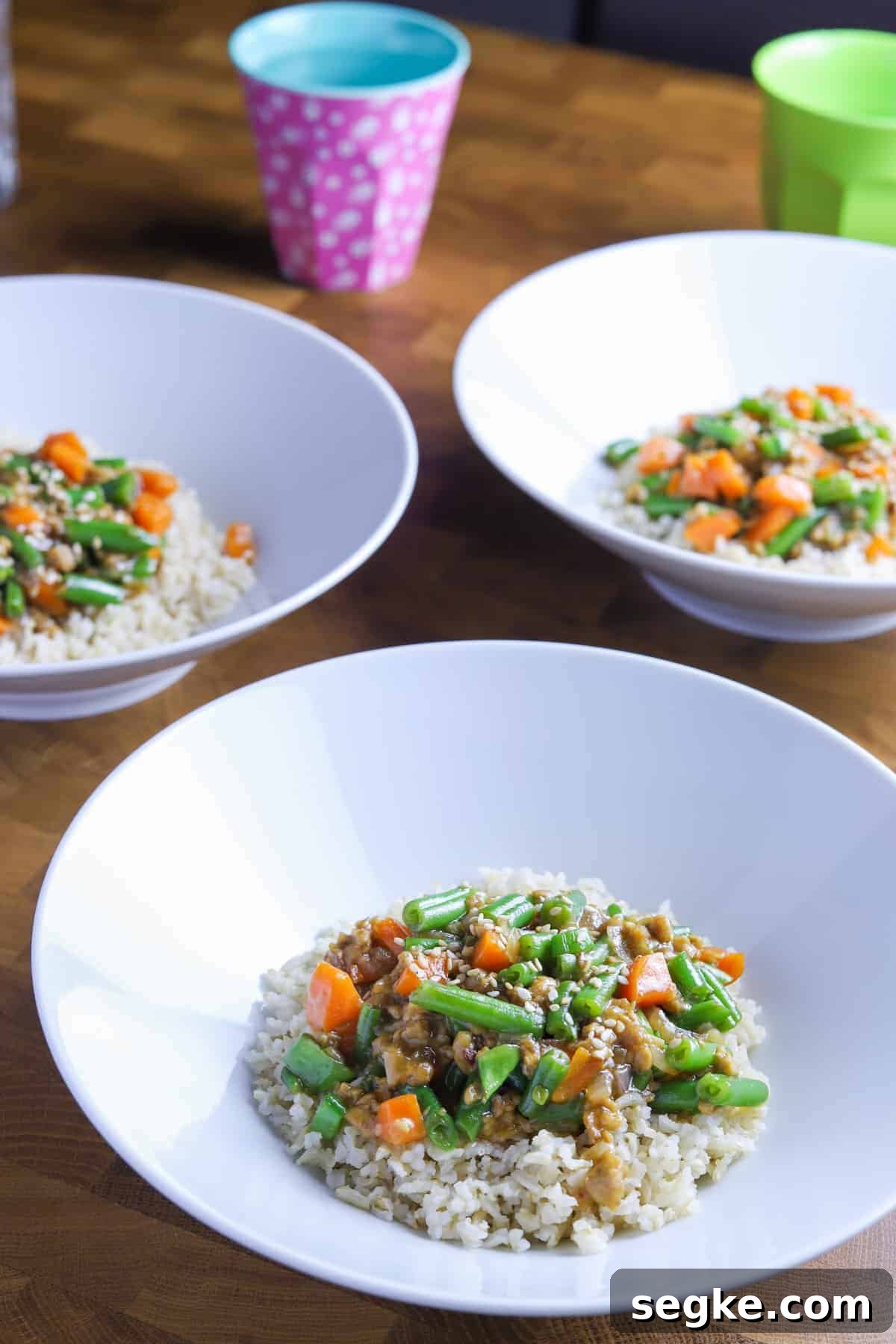 photo of 3 bowls of vegan chinese green beans and tempeh adapted for children (with carrot)