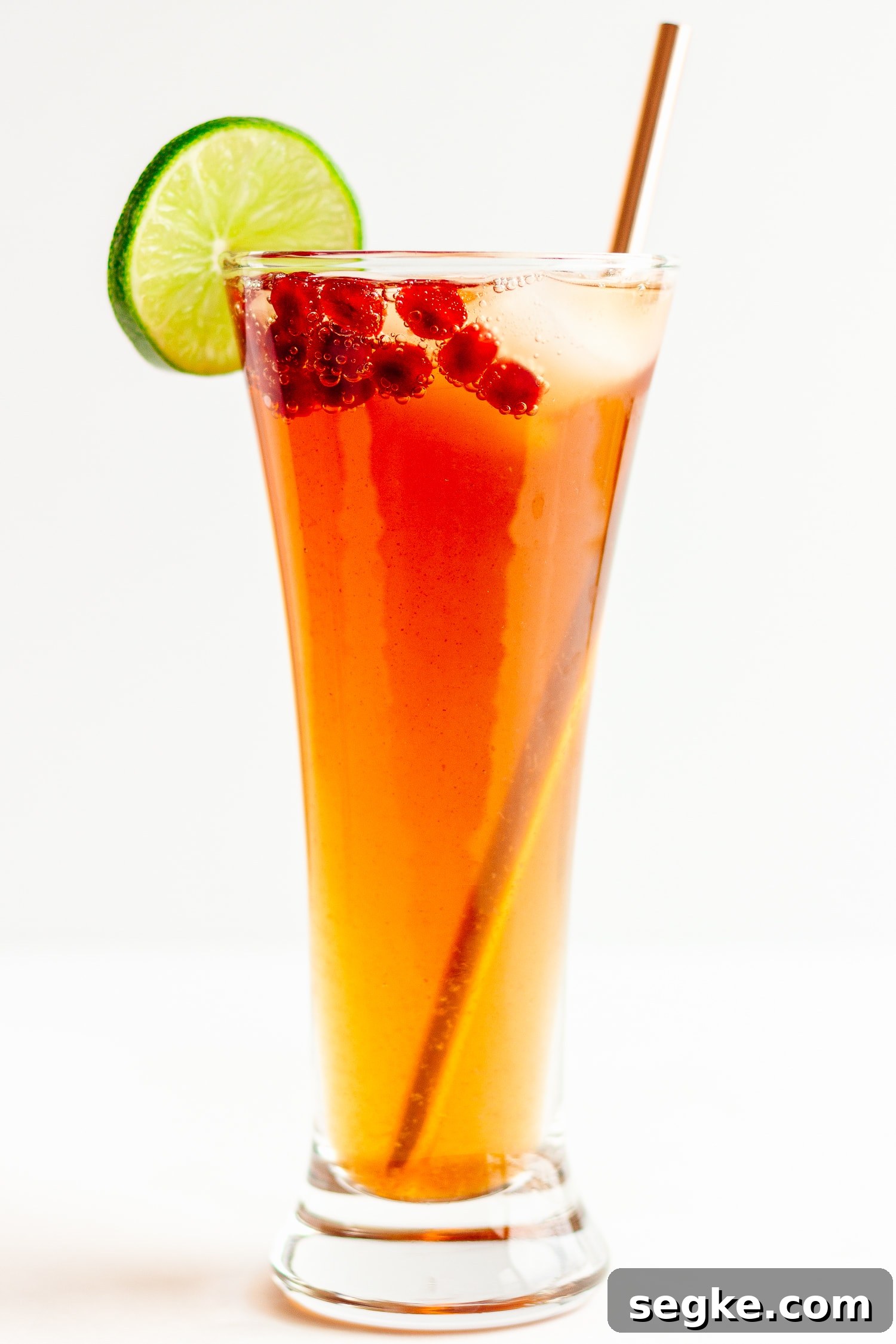 Sparkling Pomegranate Lime Spritzer Recipe 4 Single glass of pomegranate lime spritzer garnished with a slice of lime and rose gold straw.