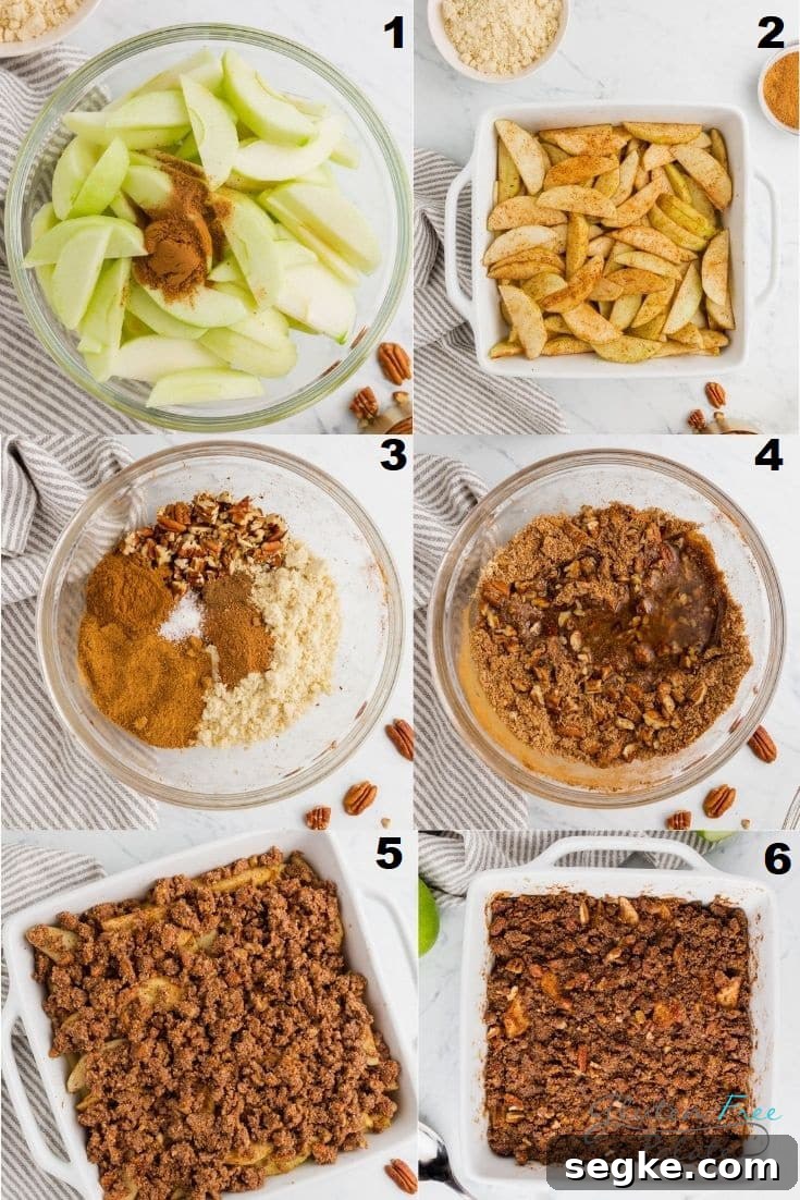 a collage of six photos showing the steps how to make paleo apple crisp