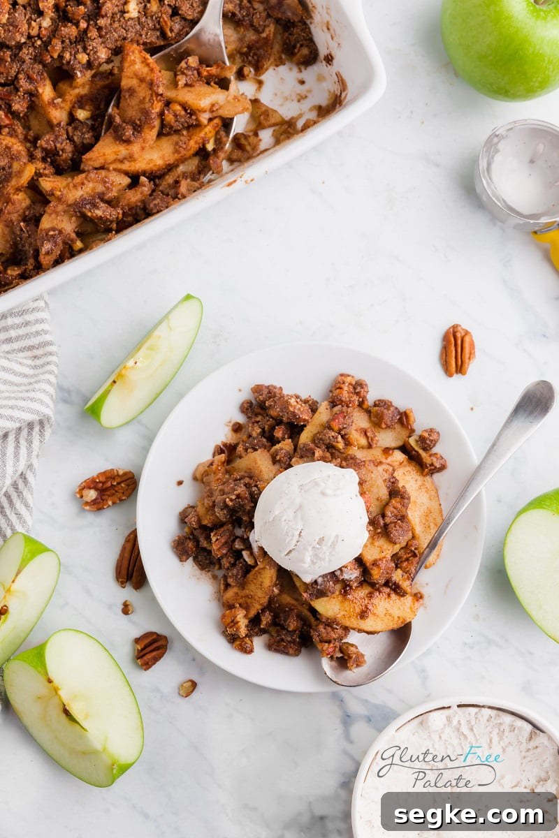 top down view of paleo apple crisp in a white bowl topped with vanilla ice cream