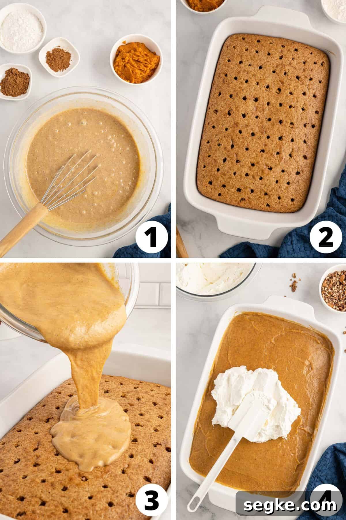 Collage of recipe steps for making pumpkin spice poke cake