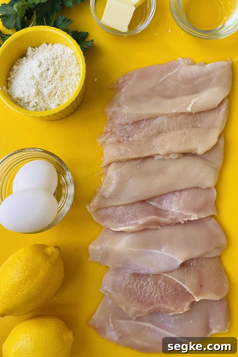 Chicken breasts, lemon, flour, white wine, and eggs on a yellow counter.