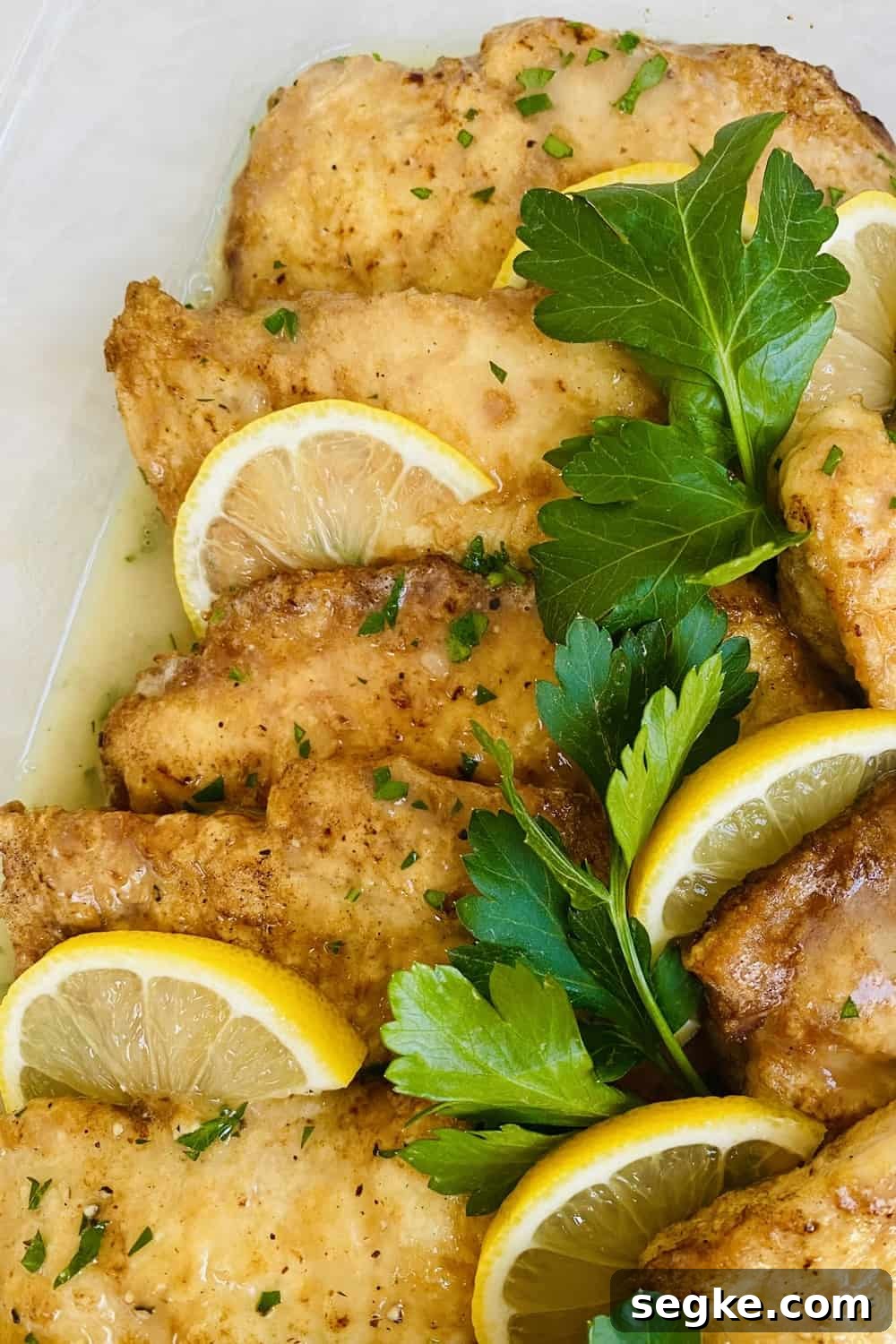 Egg battered chicken that's on a plate with lemon slices.