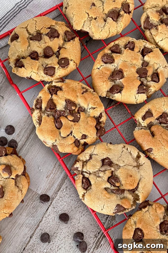 chocolate chip cookies cooling on a cooling rack