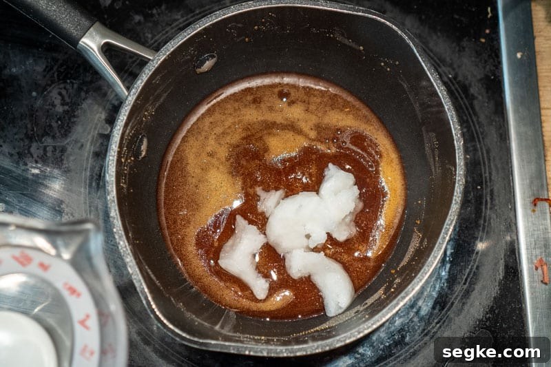 Vegan Miso Caramel Sauce Recipe: Dairy-Free Dessert Topping 5 Adding the coconut cream and oil