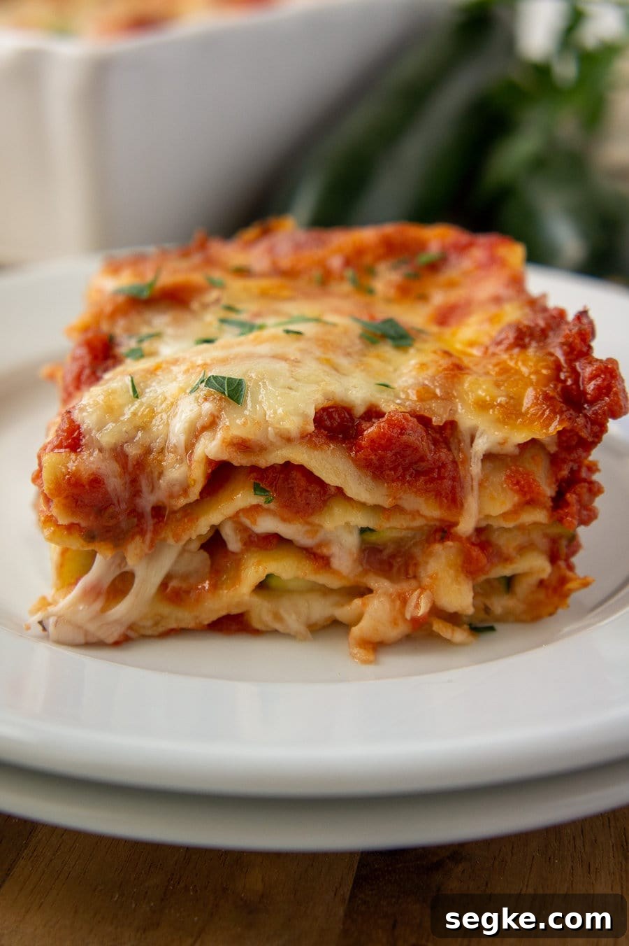 A view of the layers in a zucchini lasagna with noodles on a plate.