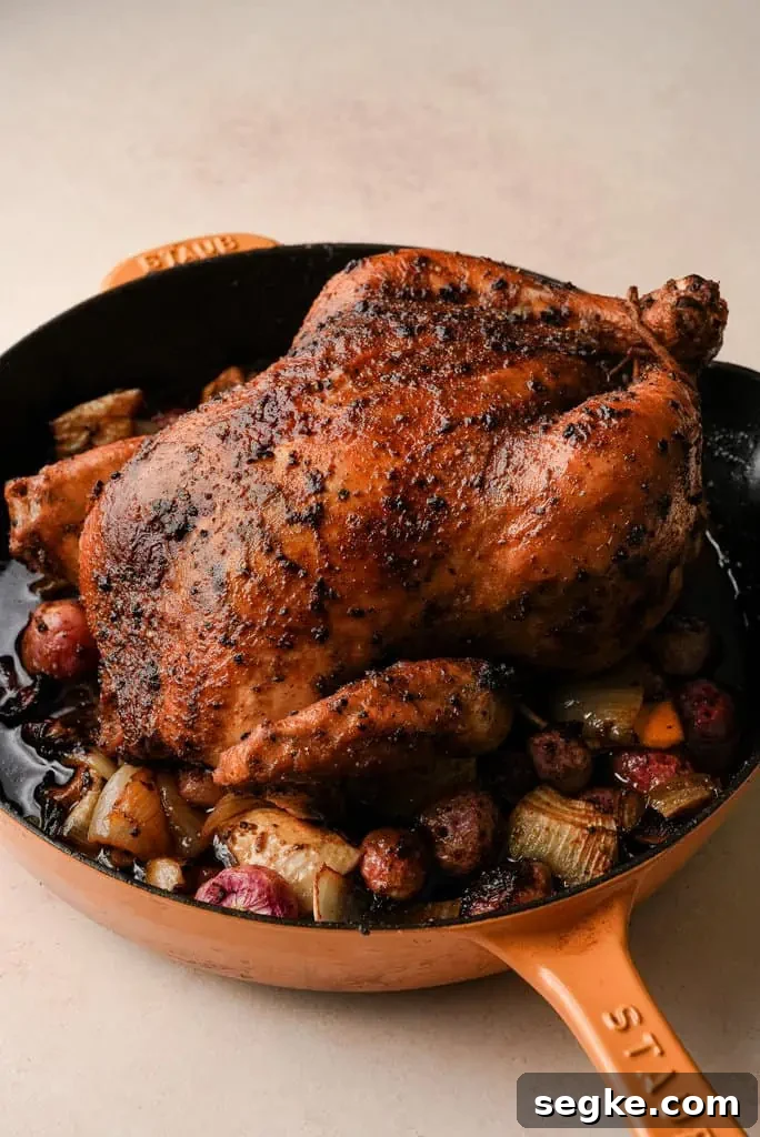 a skillet containing a whole roasted chicken surrounded by veggies
