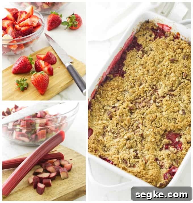 Strawberry Rhubarb Crisp Recipe 3 Three photos showing process steps for making a strawberry rhubarb crisp.