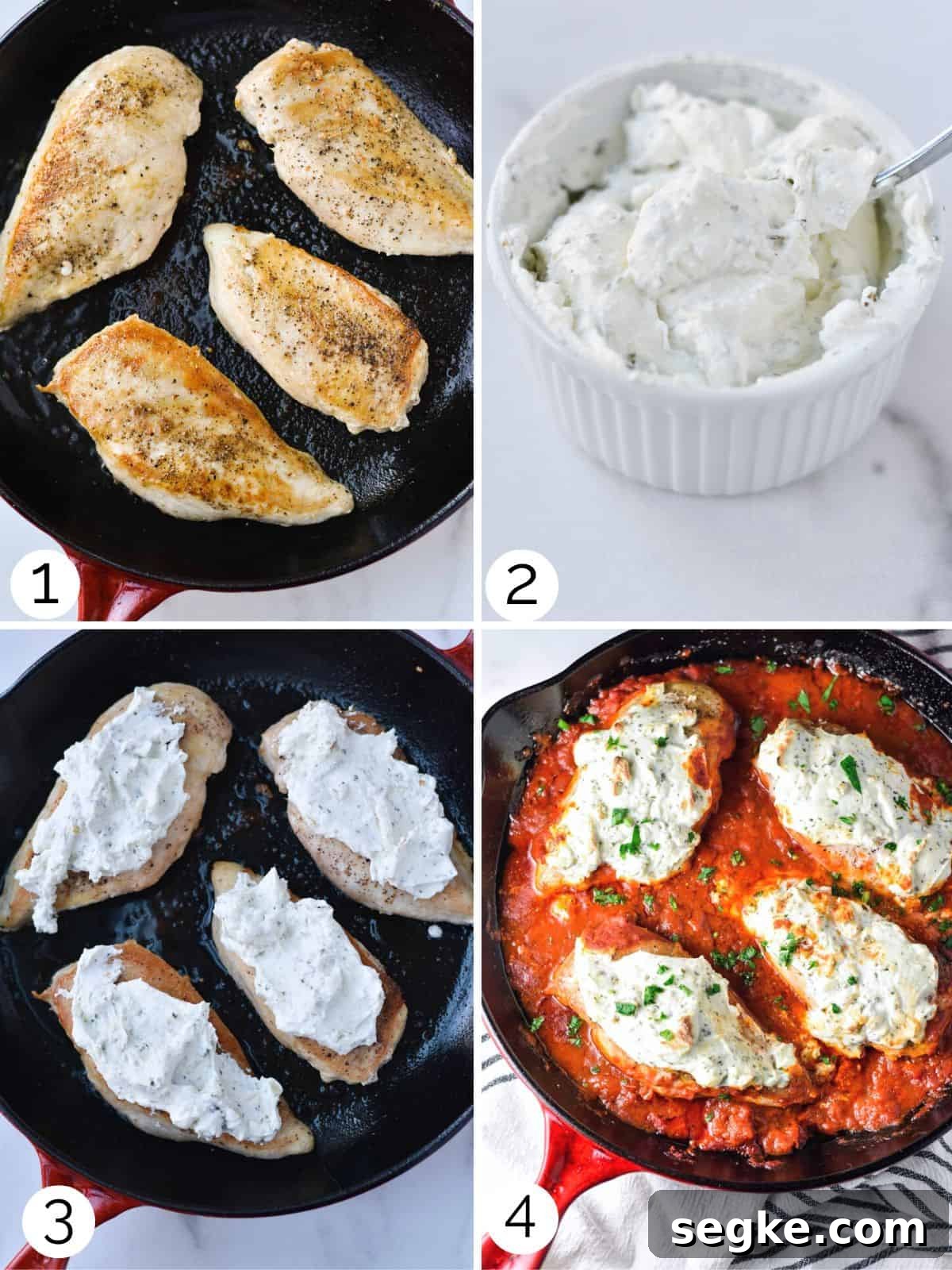Process of searing chicken and topping with ricotta and marinara sauce.
