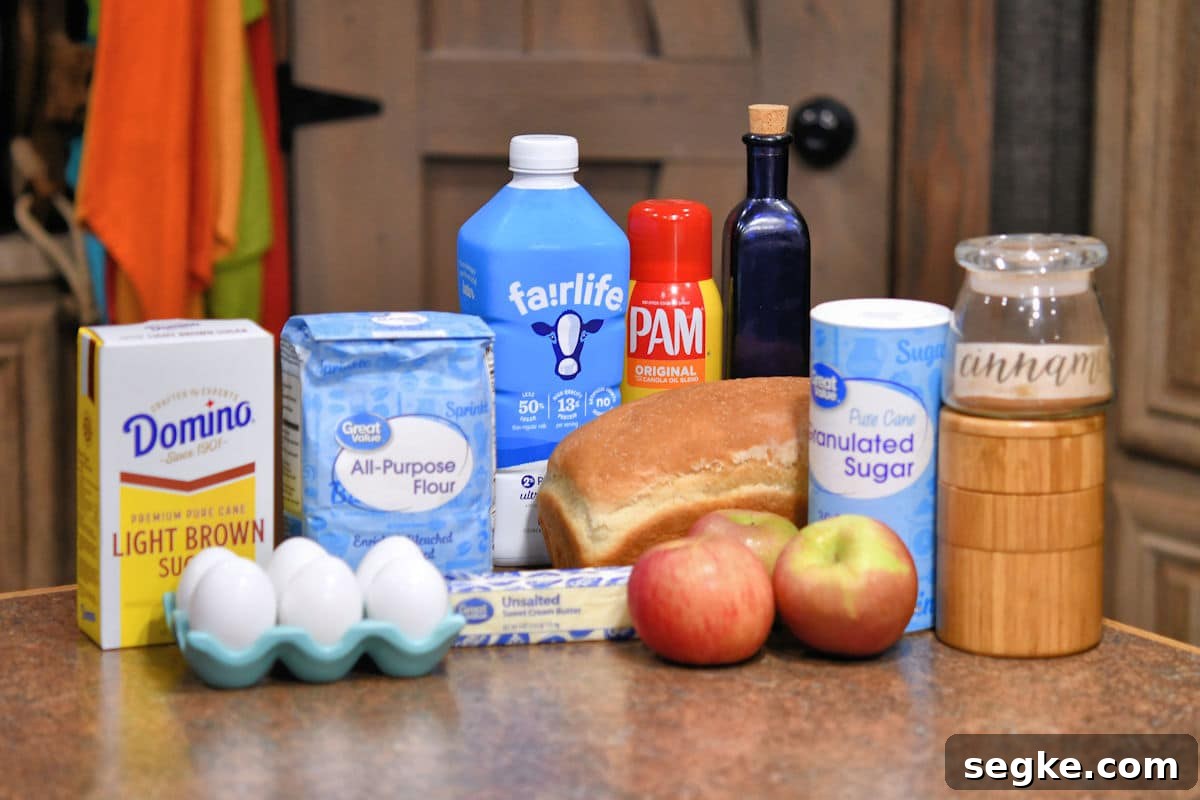 ingredients for apple cinnamon French toast bake on a counter