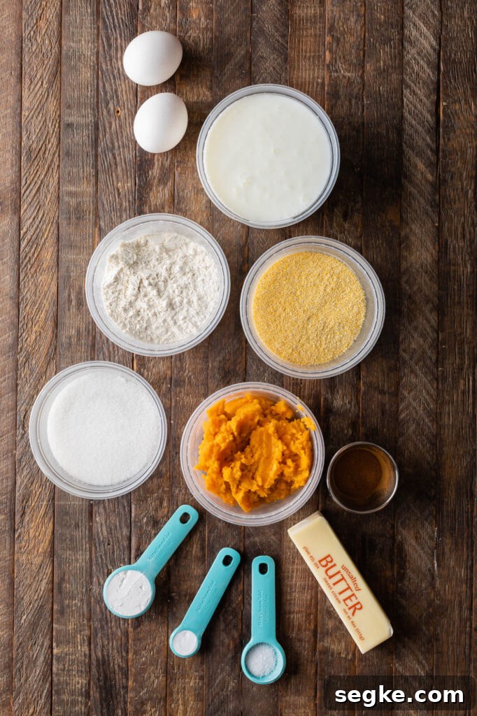sweet potato cornbread ingredients. fresh sweet potato, yellow cornmeal, all purpose flour, granulated sugar, baking powder and baking soda, kosher salt, unsalted butter, cinnamon, eggs, buttermilk, and oil