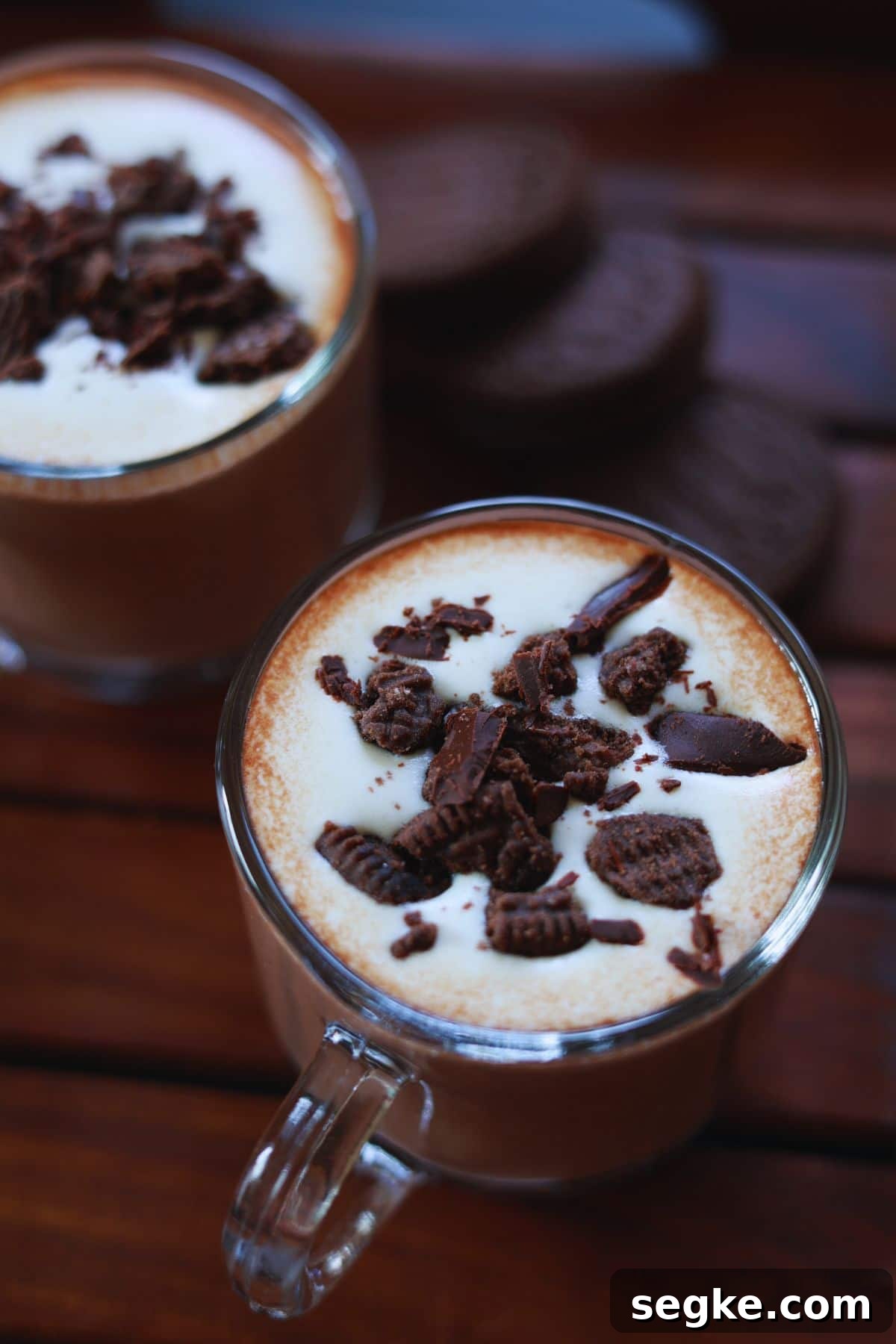 Delicious looking Oreo hot drink served in two glass cups,