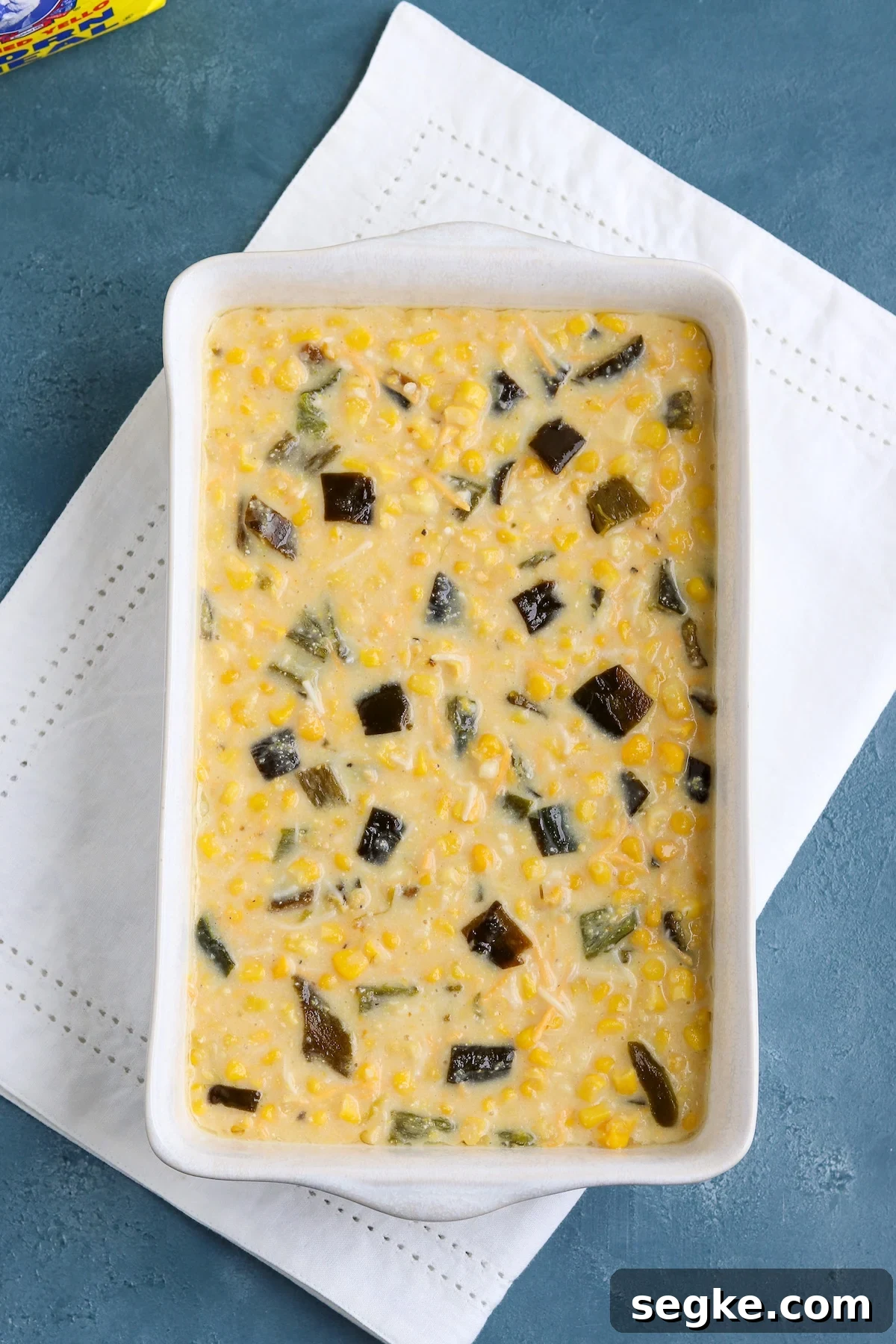 Creamy Poblano Corn Casserole Recipe 7 unbaked casserole dish of corn casserole