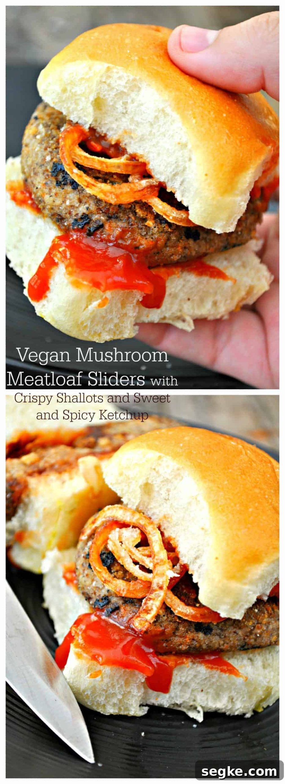 Vegan Mushroom Meatloaf Sliders Recipe with Crispy Shallots 4 Plated mushroom sliders with shallots