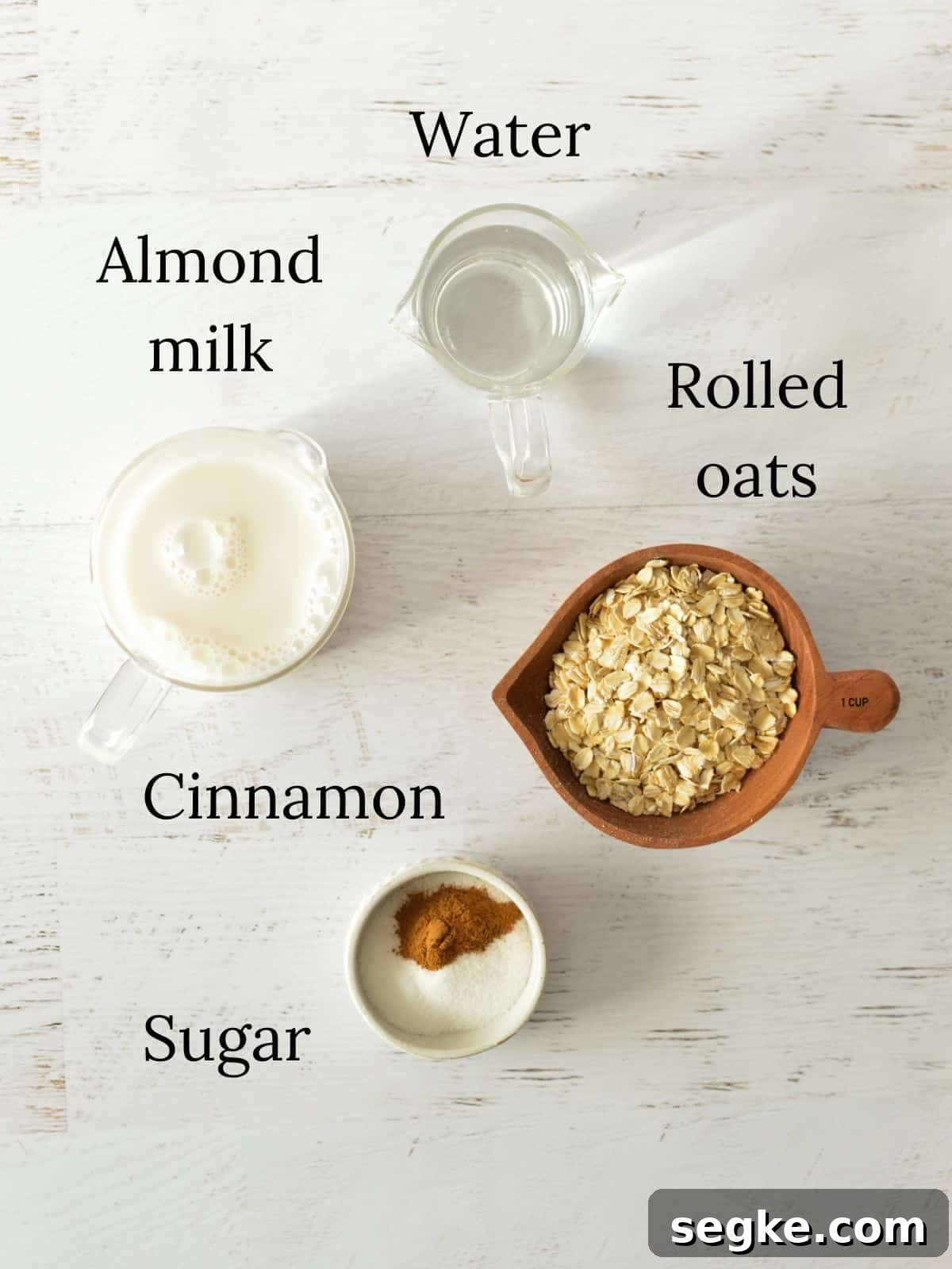 Water, oats, almond milk, cinnamon, and sugar.