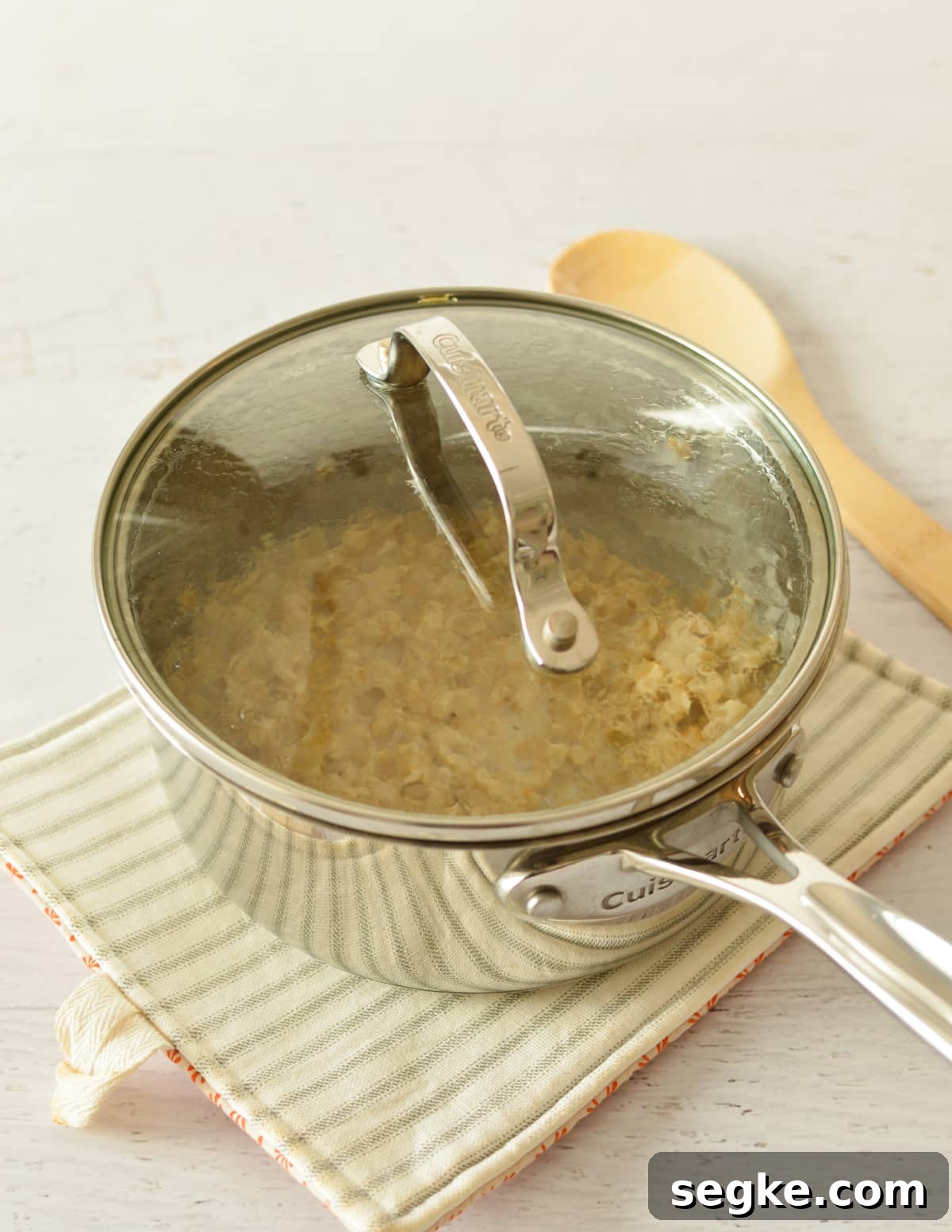 oatmeal in a pan with a lid. 