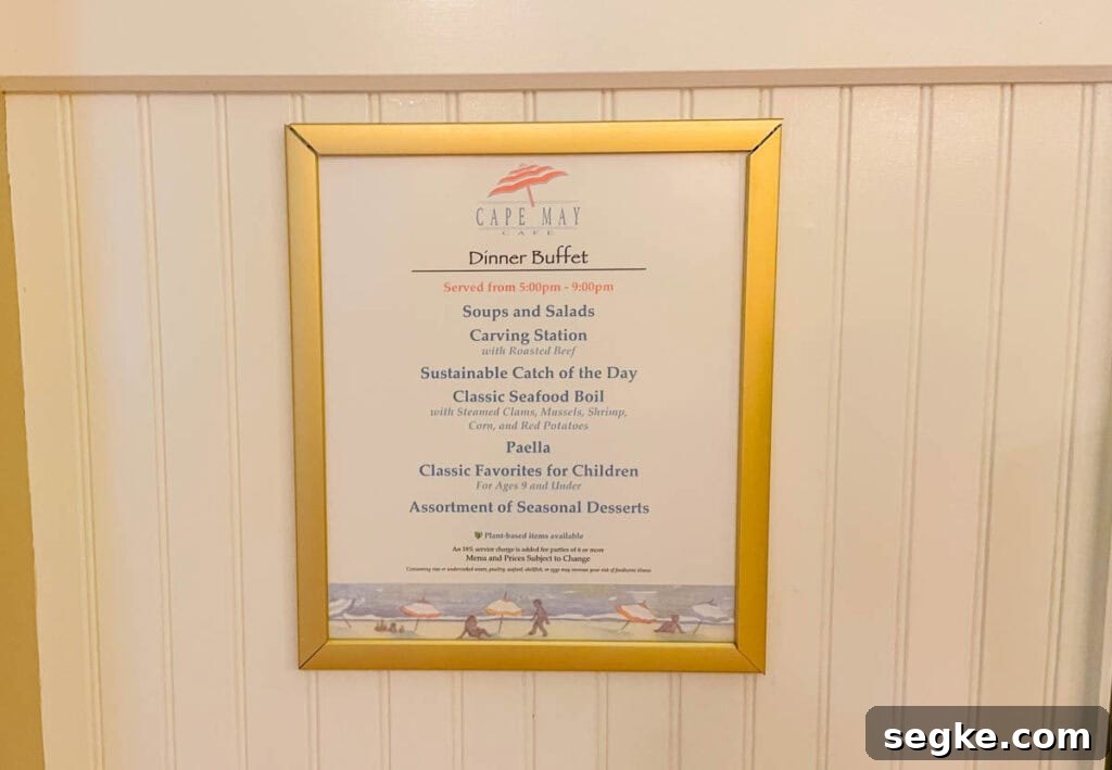 Cape May Cafe dinner buffet menu.