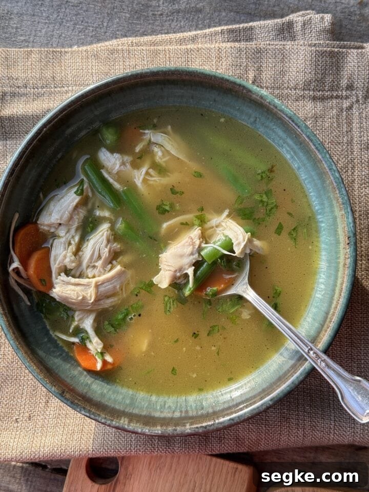 a photo of rotisserie chicken soup in a blue bowl