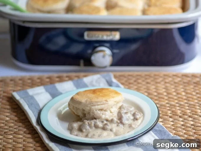 Gravy and biscuit with blue crockpot